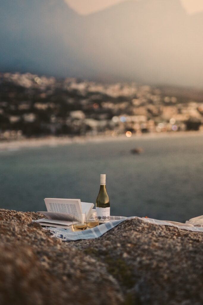 Bottle of Wine and Book Laid on a Picnic Blanket
